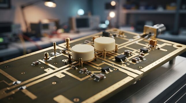 Close up of a sophisticated radio frequency printed circuit board with ceramic resonators in a research laboratory environment