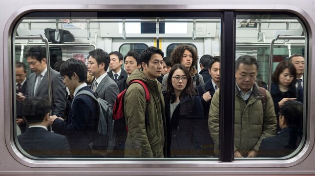 Crowded subway train car filled with Japanese commuters during morning rush hour seen through the carriage window.