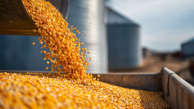 Golden corn kernels pouring from agricultural machinery into a large container, representing corn harvesting, grain handling, agricultural processing, food production, and farming technology.