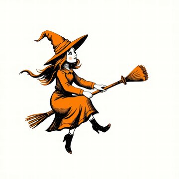 Illustration of a young witch flying on a broomstick