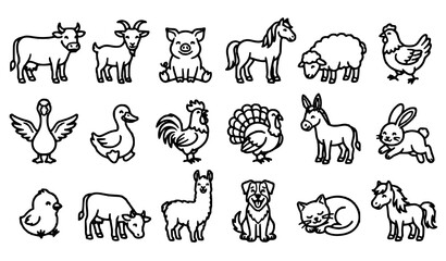 Naklejka premium Big farm animal and bird outline vector icon set with cow goat pig horse hen goose sheep and poultry