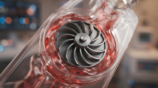 Close up view of a metallic impeller spinning inside a transparent pump housing containing a red liquid cooling fluid in a laboratory setting
