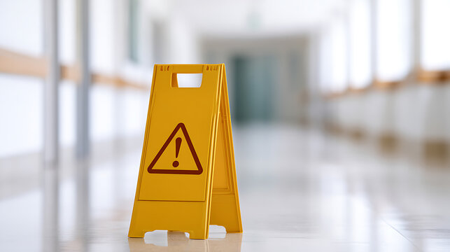 Bright yellow wet floor caution sign placed in a clean office hallway, warning people about slippery hazards and potential accidents nearby