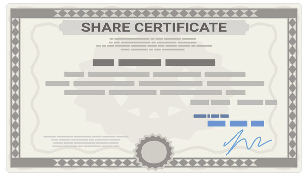 Corporate share certificate financial security document representing equity ownership, company capital investment, and shareholder assets (cut out)