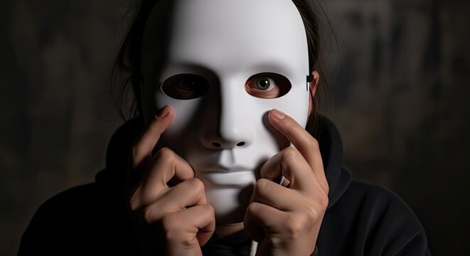Person holding white plastic mask over their face.