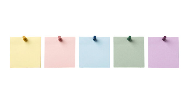 Colorful sticky notes with push pins on white background, pastel adhesive memo pads for office planning, blank paper reminders