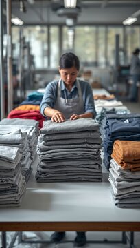 Worker sorting and folding stacks of clothing on a table inside a modern garment production facility.
