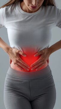 Woman experiencing abdominal pain while holding her lower abdomen against a neutral background.