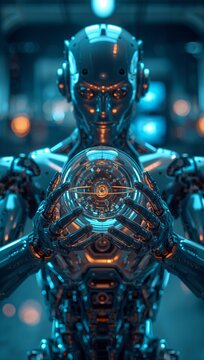 Humanoid robot holding a futuristic glowing mechanical core in a high-tech environment.