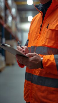 Warehouse worker in an orange safety uniform recording inventory information on a clipboard inside a storage facility.