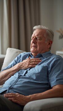 Older man sitting in a chair and holding his chest, illustrating chest discomfort and cardiovascular health concerns.