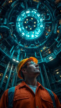 Worker in protective gear standing inside a futuristic industrial tunnel filled with illuminated pipes and complex machinery.