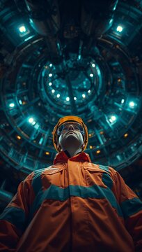 Worker in protective gear standing inside a futuristic industrial tunnel filled with illuminated pipes and complex machinery.