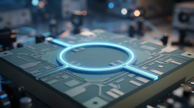 Advanced photonic integrated circuit chip with glowing circular waveguide structure for high speed optical communication and quantum computing technology research