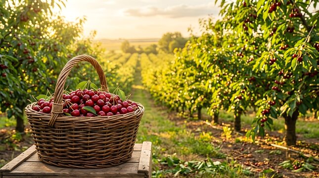 Fresh Red Cherries in a Wicker Basket Inside a Sunny Orchard at Sunset