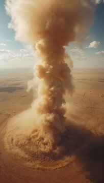 A towering column of volcanic ash and smoke rises dramatically from a barren desert landscape beneath a hazy sky.