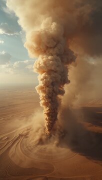 A towering column of volcanic ash and smoke rises dramatically from a barren desert landscape beneath a hazy sky.