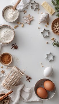 Christmas baking ingredients and utensils arranged on a light background, featuring flour, spices, eggs, cookie cutters, dough, and festive cookies.