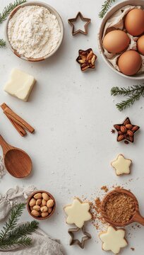 Christmas baking ingredients and utensils arranged on a light background, featuring flour, spices, eggs, cookie cutters, dough, and festive cookies.