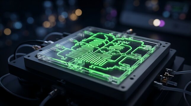Advanced microfluidic chip with glowing green channels for laboratory research and biomedical engineering applications
