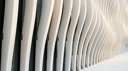 Obraz premium Abstract architectural background with repeating vertical white curved pillars in a modern building interior perspective