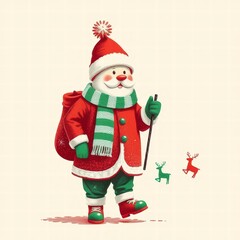 Fototapeta premium Cute Santa Claus cartoon character with gift bag and reindeer icons