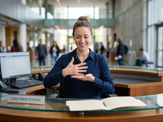 Obraz premium Front Desk Receptionist Welcoming Visitors Using Sign Language Gestures