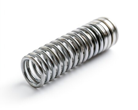 Silver coil spring against white background.