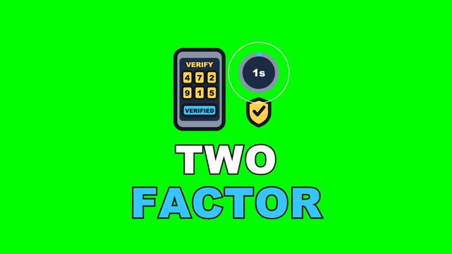 4K green screen TWO FACTOR animated text - the code landing digit by digit as the ring drains, kinetic typography cyber security overlay for tech content and social media, chroma key