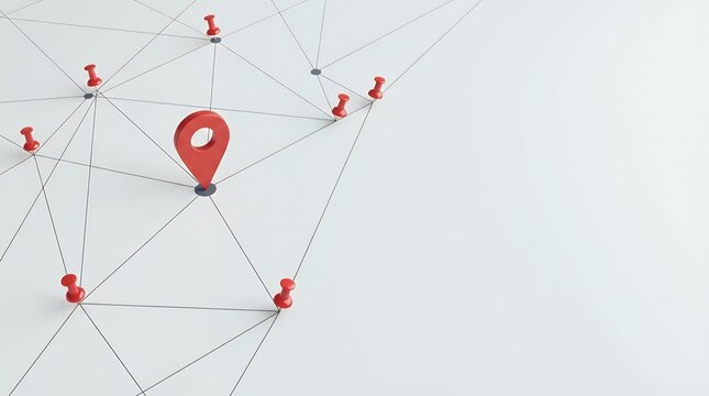 Network Connection Concept with Red Pointer and Pins: Linked Locations Representing Community and Geospatial Data community network with pins and map pointer red pointer with connected locations