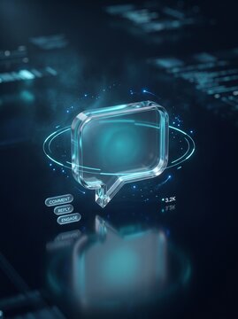 Three Dimensional Glass Comment Button With Futuristic Engagement Interface Representing Online Discussions Social Media Interaction Digital Communication and Community Growth