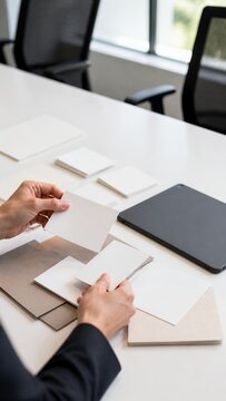 Business professional sorting blank project cards at modern office table