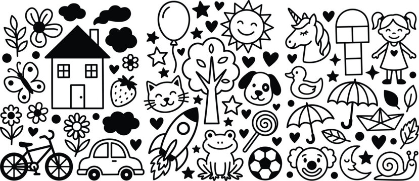 Cute kids doodle elements banners set featuring hand drawn black line art illustrations of animals house rocket unicorn toys and nature symbols vector
