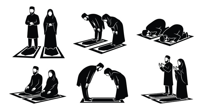Silhouettes of muslim people in prayer positions vector illustration