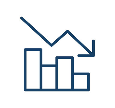 Declining chart icon, line art downward bar graph and arrow symbol, business loss, negative growth and financial recession concept flat illustration on white background.