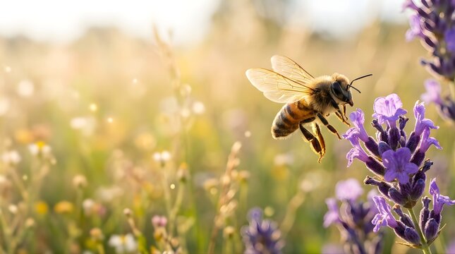 Honey bee pollinating purple lavender flower in a sunny summer meadow