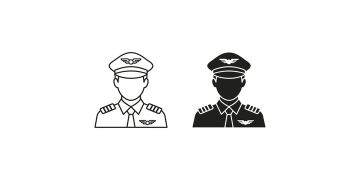 Two pilot icons with a pilot hat a uniform with epaulets and wings design representing aviation and flight profession.