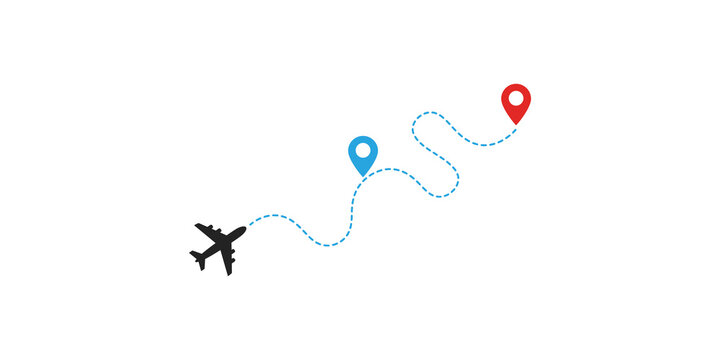 Airplane flying along a dashed blue path connecting two contrasting pin markers a blue starting point and a red endpoint.