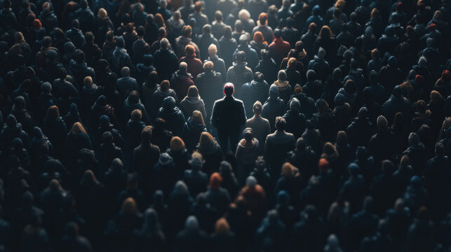 Lone figure stands out in a dark, anonymous crowd under dramatic lighting