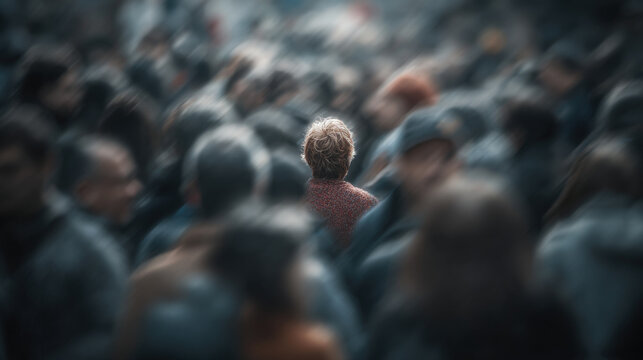 A lone person stands out in a blurred crowd, feeling isolated despite being surrounded