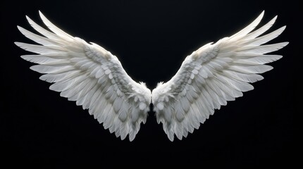 Naklejka premium Pair of Majestic White Angel Wings Spread Open Isolated on Black Background for Conceptual Design and Fantasy Art