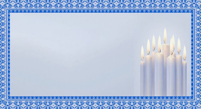 Hanukkah candles and blue and white patterns border frame with festive copy space, Bright Hanukkah candles and intricate blue and white patterns framing festive space for messages with copy space