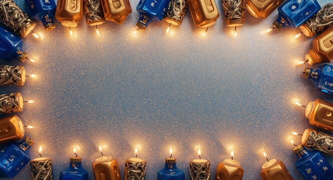 Hanukkah candles and dreidels border frame with shimmering copy space for Hanukkah, Glowing Hanukkah candles and spinning dreidels framing shimmering space for Hanukkah messages with copy space