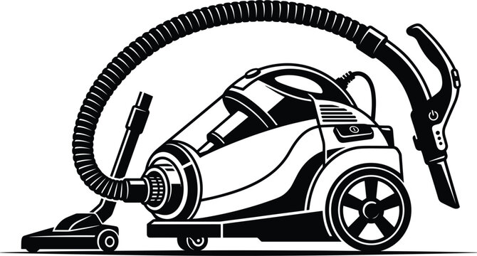 Modern powerful vacuum cleaner machine with flexible hose pipe handle nozzle wheels for household cleaning service concept