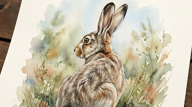 Beautiful watercolor illustration of a brown hare sitting in a meadow of wild grass with a soft artistic background