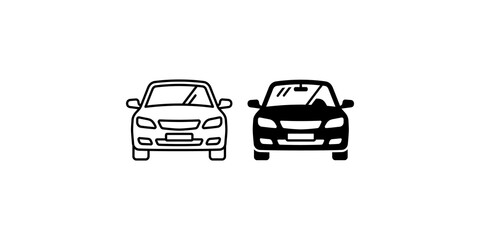 Fototapeta premium Front view car vehicle icon set featuring outline and solid black silhouettes for automotive industry or transportation graphics.