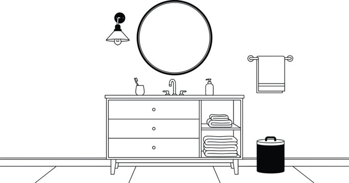 Modern bathroom interior scene vector illustration with round wall mirror wooden washbasin cabinet vanity unit and accessories outline