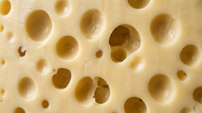 Macro close up of Swiss Emmental cheese with many eyes
