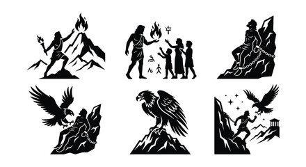 Fototapeta premium Mythological scenes with eagles and human figures black vector silhouettes