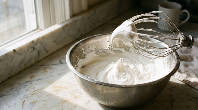 Glossy swiss meringue buttercream stiff peaks whisk mixing bowl